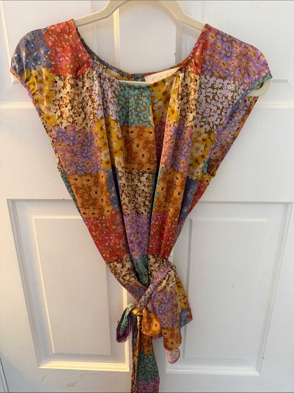 Etcetera Multicolor Floral Patchwork Tie-Front Cap-Sleeve Blouse